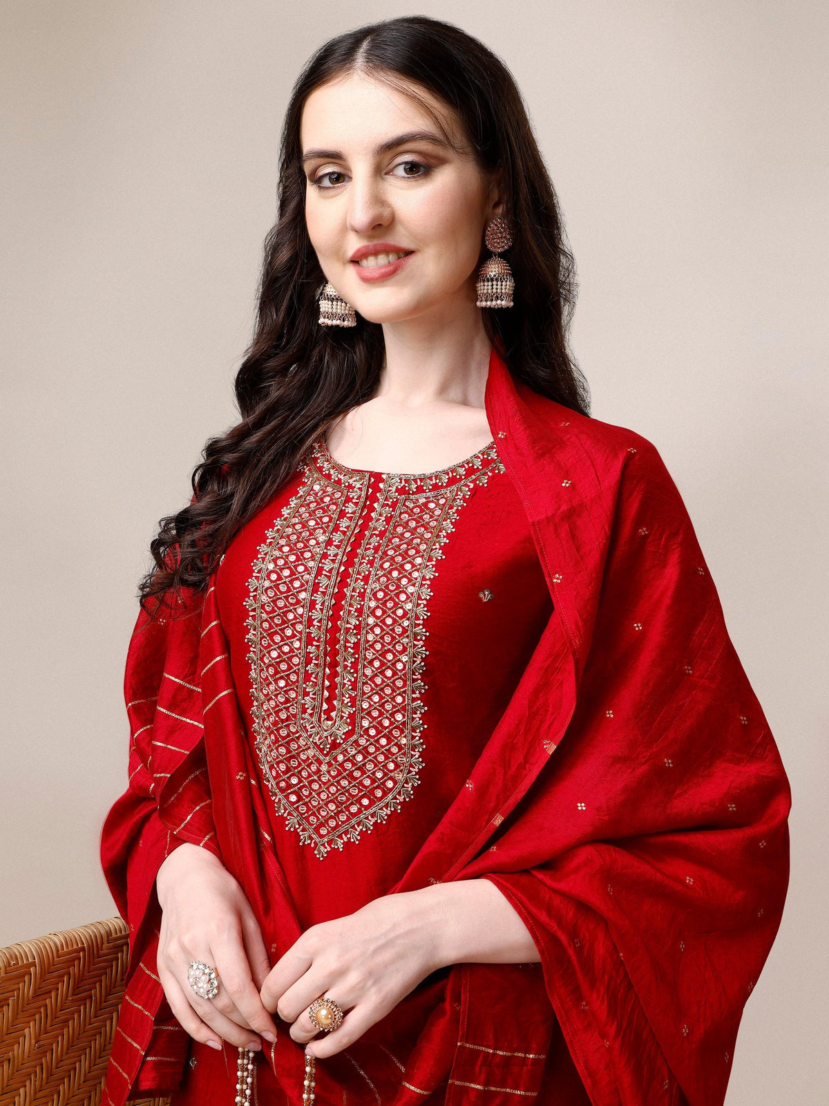 Hand Embroidered Kurta With Pant And Dupatta Set, Multicolor - Hiral Fashion | Grocsy