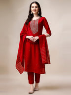Hand Embroidered Kurta With Pant And Dupatta Set, Multicolor - Hiral Fashion | Grocsy