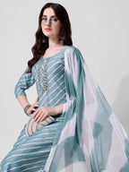Leheriya Printed & Embroidered Kurta With Pant & Dupatta Set, Multicolor - Hiral Fashion | Grocsy