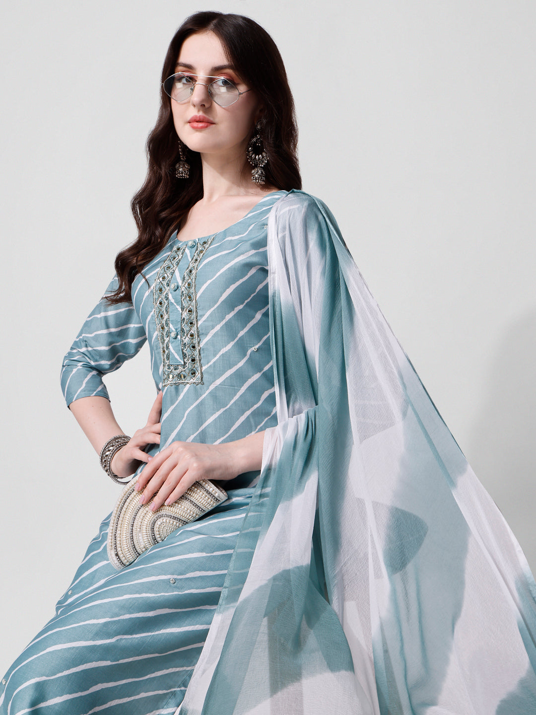 Leheriya Printed & Embroidered Kurta With Pant & Dupatta Set, Multicolor - Hiral Fashion | Grocsy