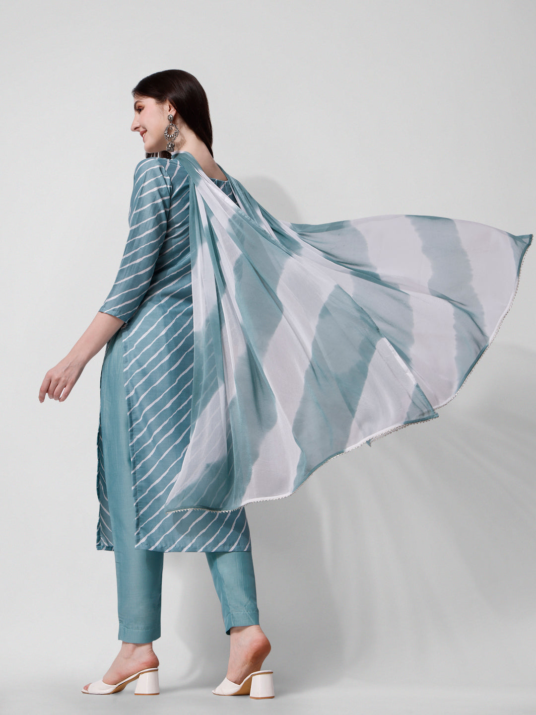 Leheriya Printed & Embroidered Kurta With Pant & Dupatta Set, Multicolor - Hiral Fashion | Grocsy