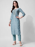 Leheriya Printed & Embroidered Kurta With Pant & Dupatta Set, Multicolor - Hiral Fashion | Grocsy