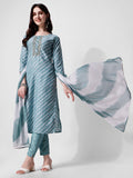 Leheriya Printed & Embroidered Kurta With Pant & Dupatta Set, Multicolor - Hiral Fashion | Grocsy