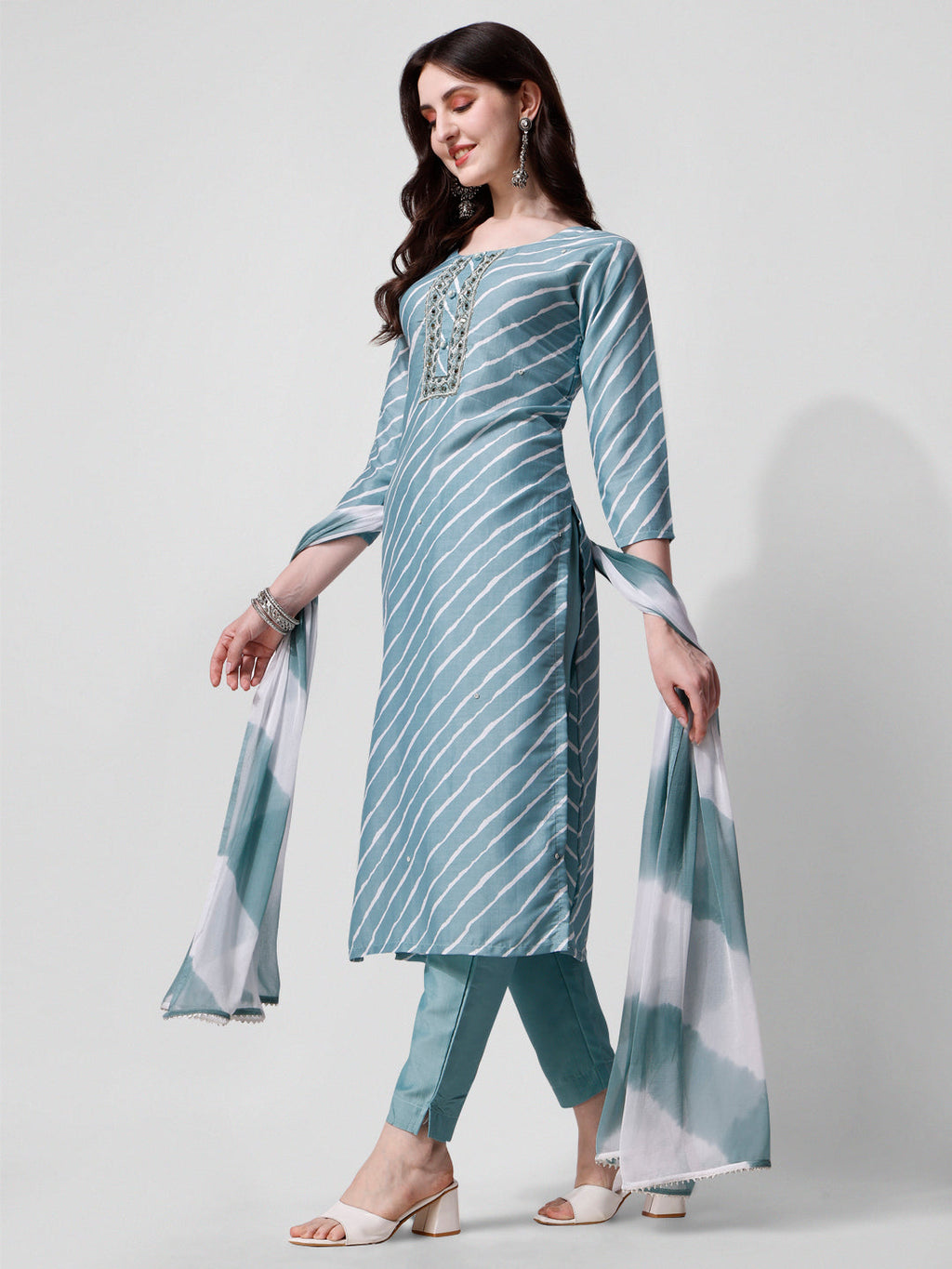 Leheriya Printed & Embroidered Kurta With Pant & Dupatta Set, Multicolor - Hiral Fashion | Grocsy