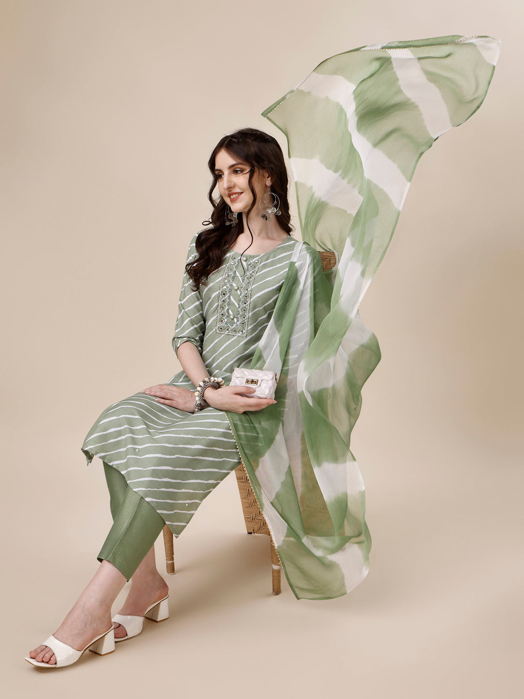 Embroidered & Leheriya Kurta With Pant And Dupatta Set, Multicolor - Hiral Fashion | Grocsy