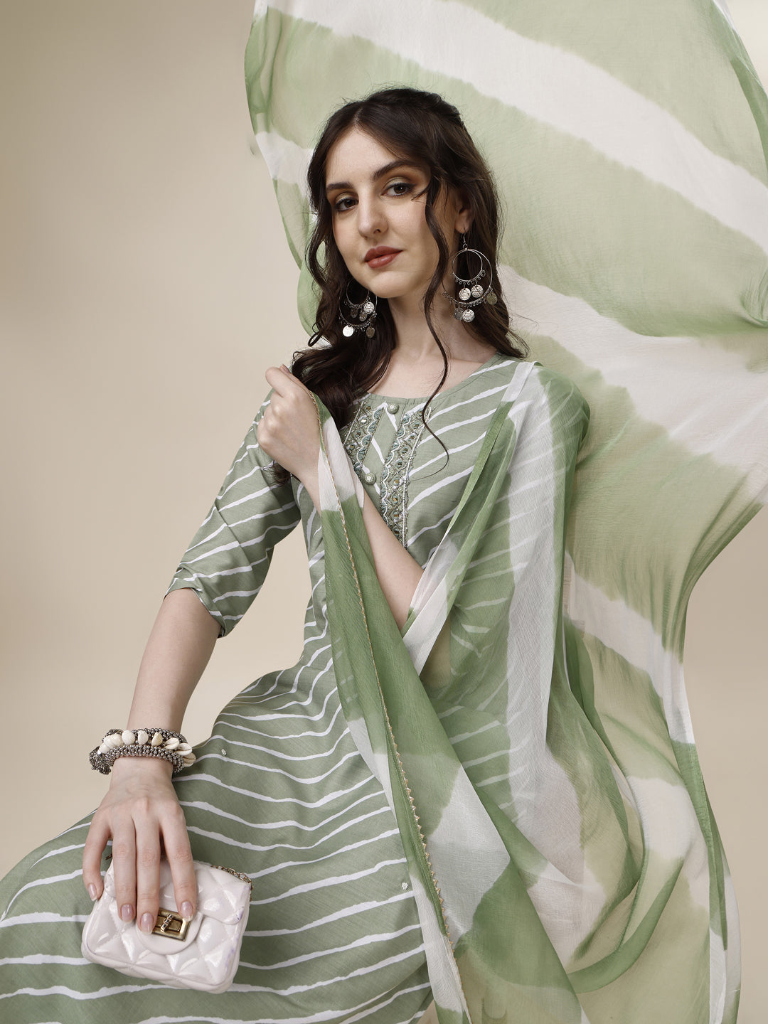 Embroidered & Leheriya Kurta With Pant And Dupatta Set, Multicolor - Hiral Fashion | Grocsy