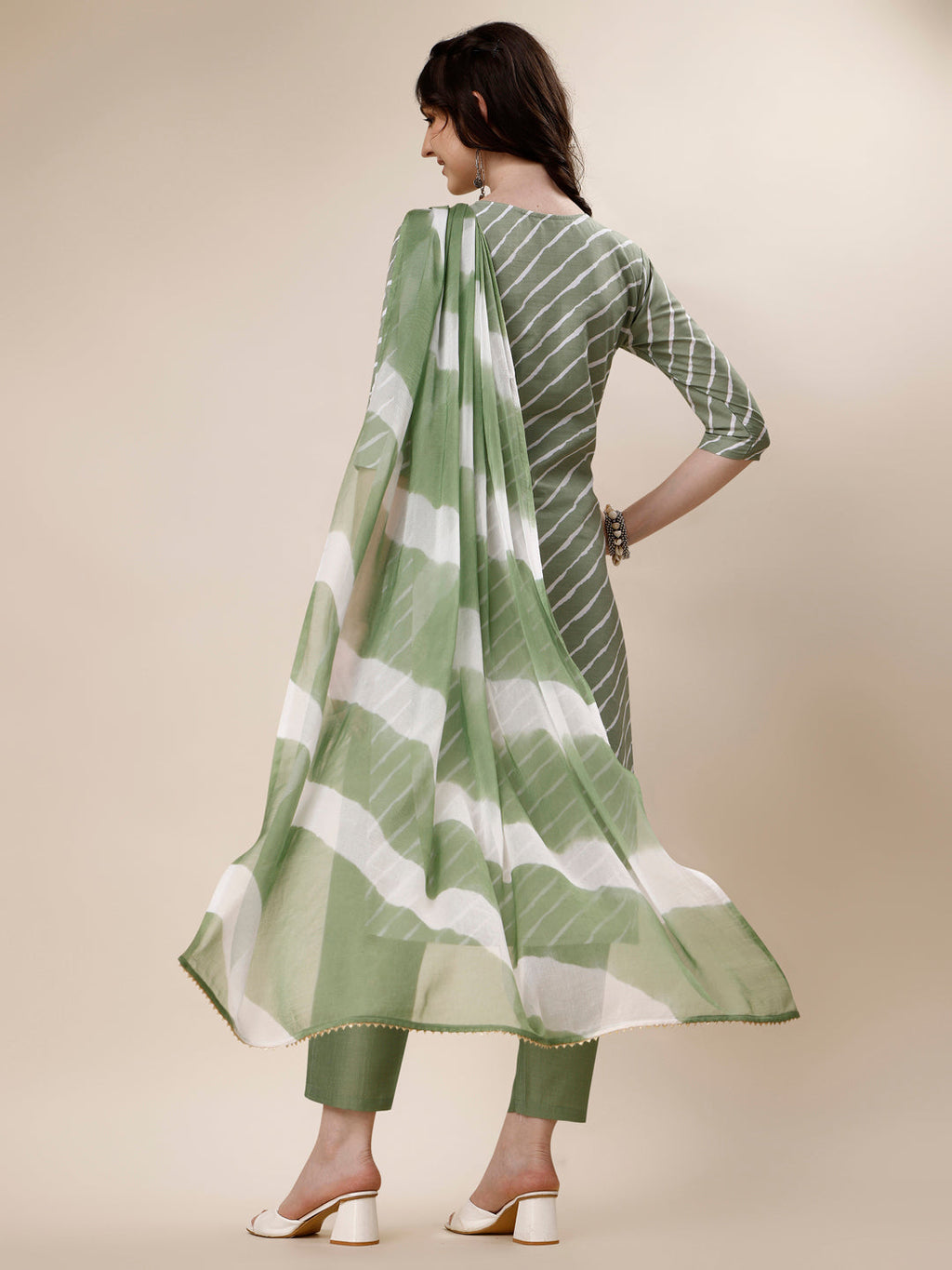 Embroidered & Leheriya Kurta With Pant And Dupatta Set, Multicolor - Hiral Fashion | Grocsy