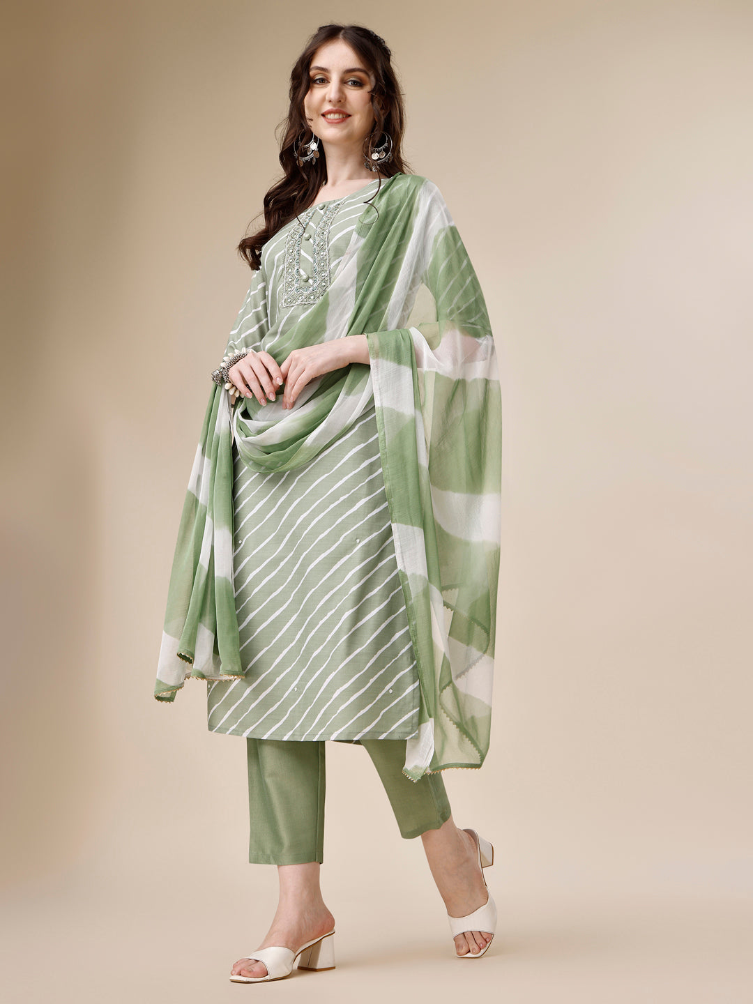 Embroidered & Leheriya Kurta With Pant And Dupatta Set, Multicolor - Hiral Fashion | Grocsy
