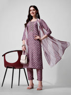 Leheriya Printed & Embroidered Kurta With Pant & Dupatta Set, Multicolor - Hiral Fashion | Grocsy