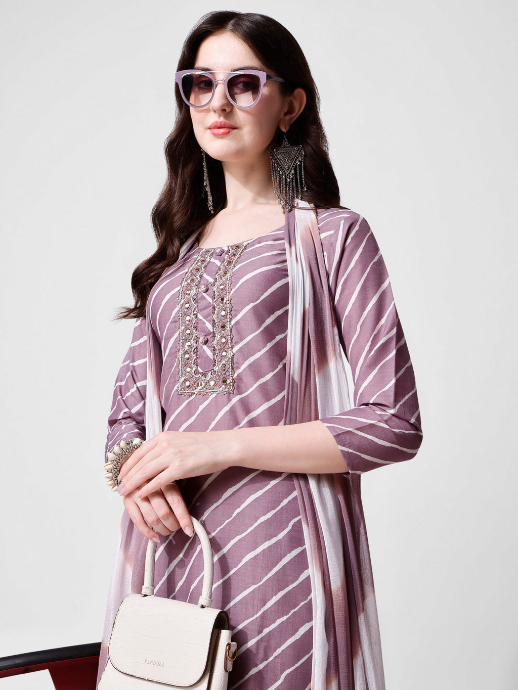 Leheriya Printed & Embroidered Kurta With Pant & Dupatta Set, Multicolor - Hiral Fashion | Grocsy