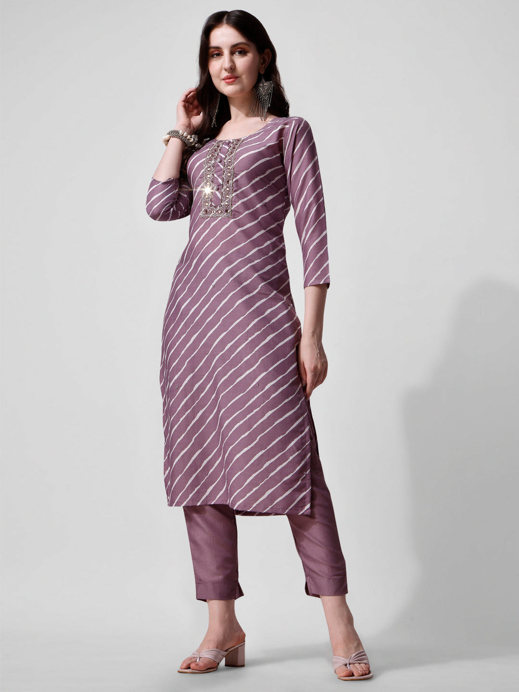 Leheriya Printed & Embroidered Kurta With Pant & Dupatta Set, Multicolor - Hiral Fashion | Grocsy