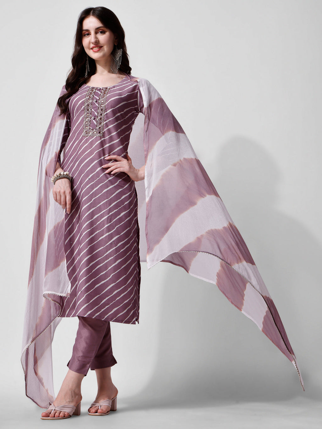 Leheriya Printed & Embroidered Kurta With Pant & Dupatta Set, Multicolor - Hiral Fashion | Grocsy