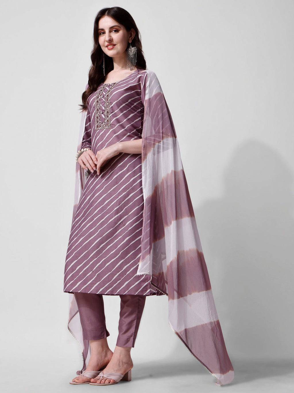 Leheriya Printed & Embroidered Kurta With Pant & Dupatta Set, Multicolor - Hiral Fashion | Grocsy