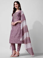 Leheriya Printed & Embroidered Kurta With Pant & Dupatta Set, Multicolor - Hiral Fashion | Grocsy