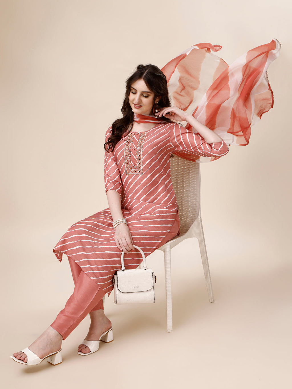 Embroidered & Leheriya Kurta With Pant And Dupatta Set, Multicolor - Hiral Fashion | Grocsy