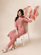 Embroidered & Leheriya Kurta With Pant And Dupatta Set, Multicolor - Hiral Fashion | Grocsy