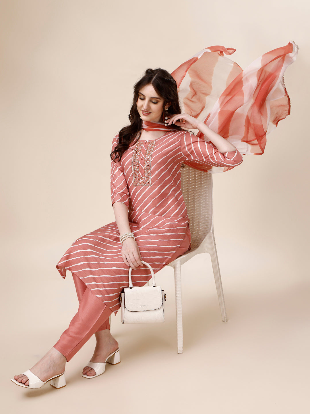 Embroidered & Leheriya Kurta With Pant And Dupatta Set, Multicolor - Hiral Fashion | Grocsy