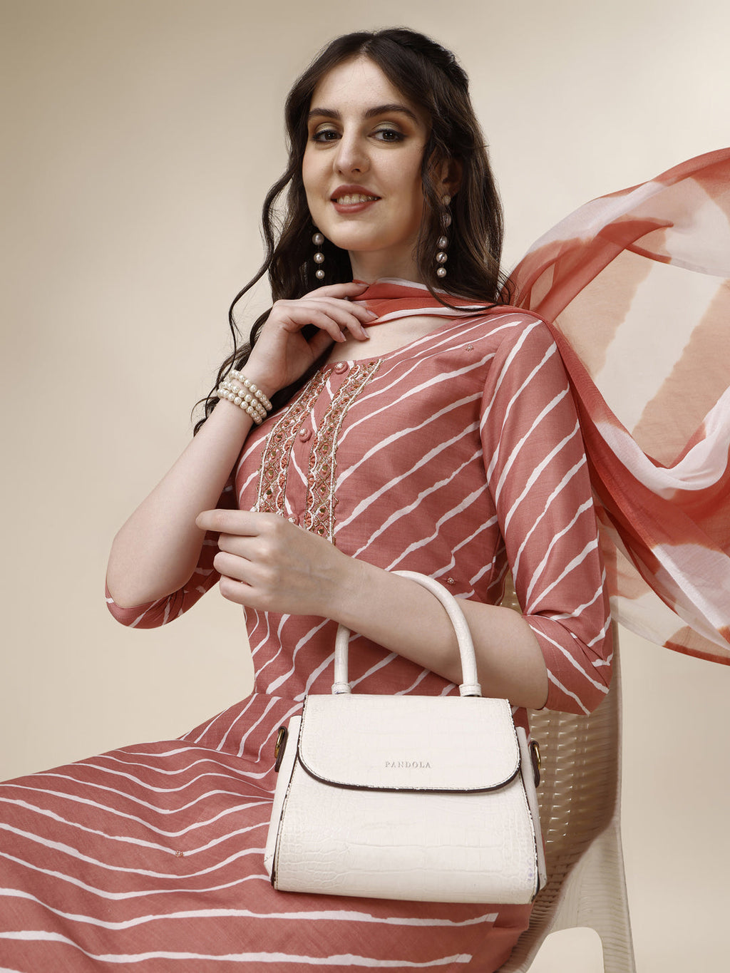 Embroidered & Leheriya Kurta With Pant And Dupatta Set, Multicolor - Hiral Fashion | Grocsy