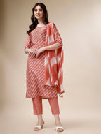 Embroidered & Leheriya Kurta With Pant And Dupatta Set, Multicolor - Hiral Fashion | Grocsy