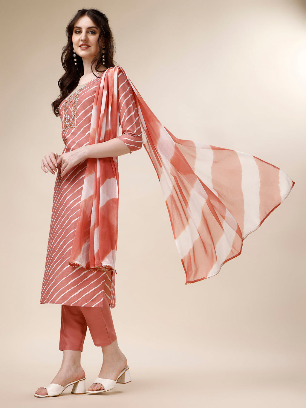 Embroidered & Leheriya Kurta With Pant And Dupatta Set, Multicolor - Hiral Fashion | Grocsy