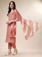 Embroidered & Leheriya Kurta With Pant And Dupatta Set, Multicolor - Hiral Fashion | Grocsy
