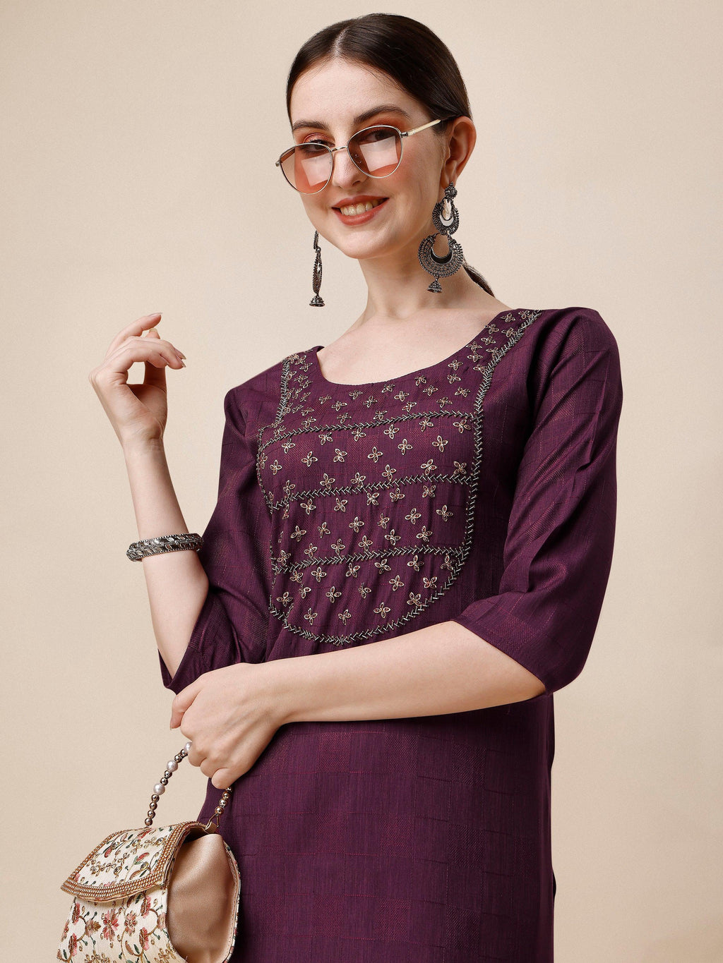 Wine Embroidered Kurta, Multicolor - Hiral Fashion | Grocsy