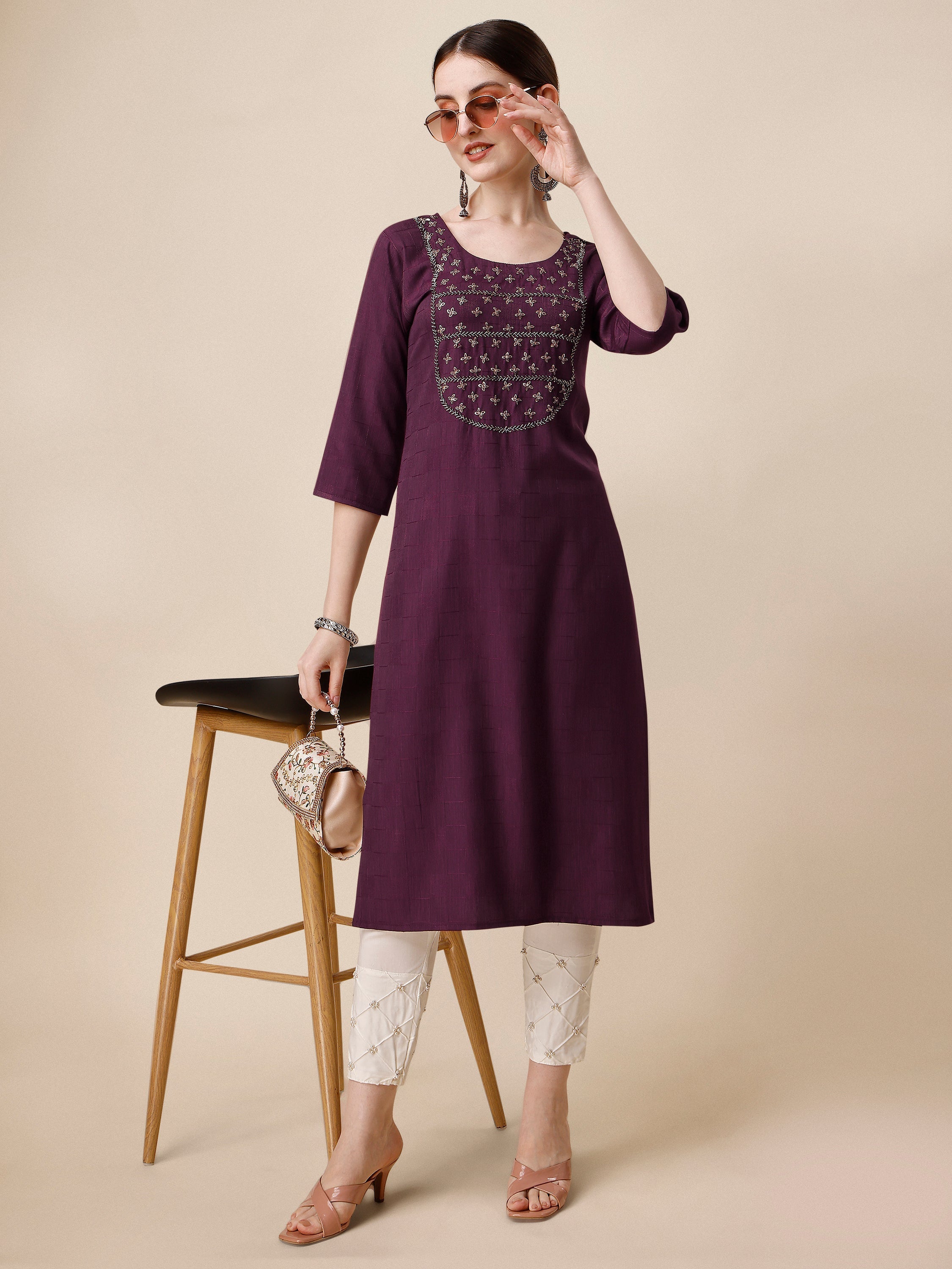 Wine Embroidered Kurta, Multicolor - Hiral Fashion | Grocsy