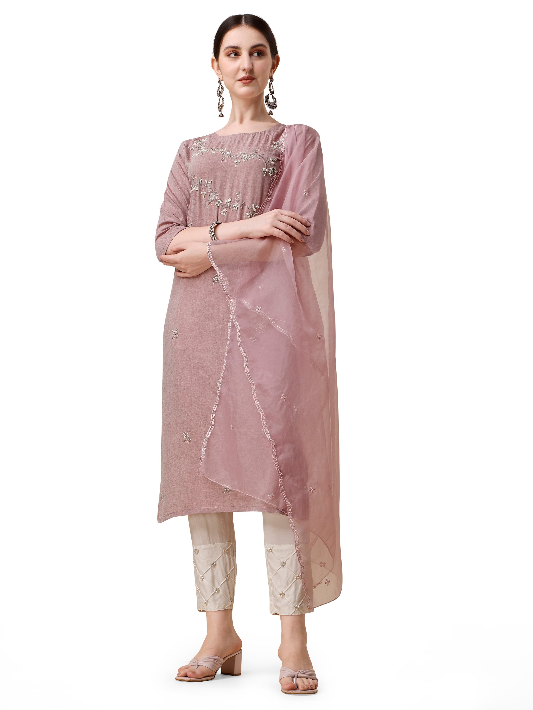 Embroidered Kurta With Moti Embellished Pant And Dupatta Set, Multicolor - Hiral Fashion | Grocsy