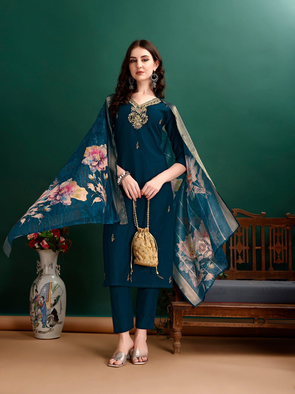 Hand Embroidered Kurta With Pant & Organza Printed Dupatta, Multicolor - Hiral Fashion | Grocsy