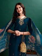 Hand Embroidered Kurta With Pant & Organza Printed Dupatta, Multicolor - Hiral Fashion | Grocsy