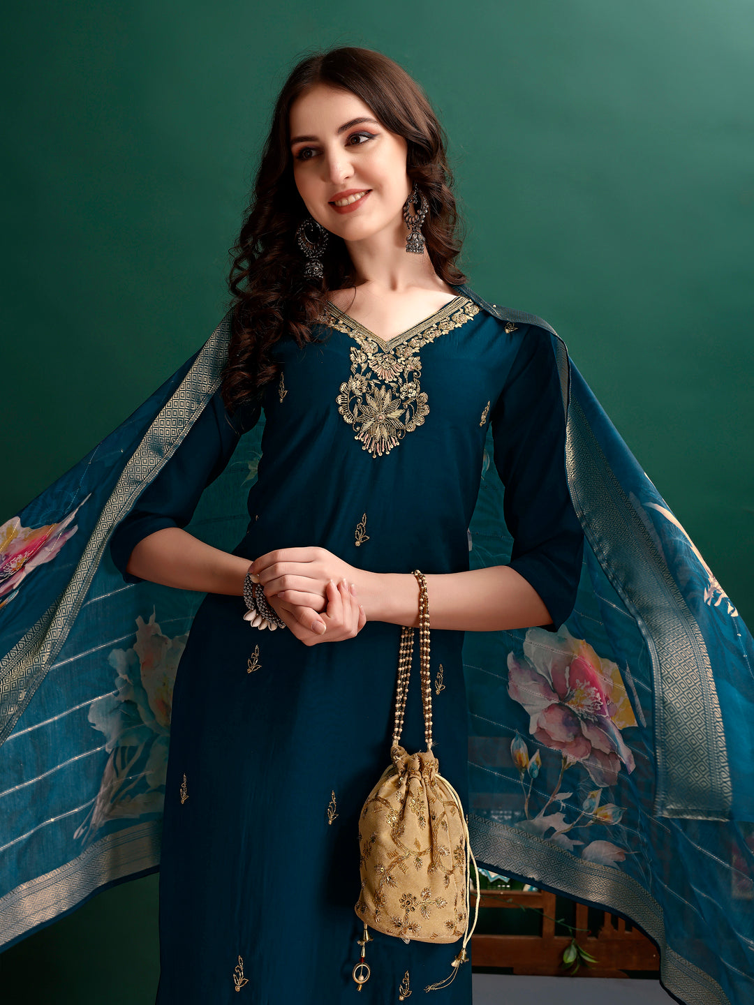 Hand Embroidered Kurta With Pant & Organza Printed Dupatta, Multicolor - Hiral Fashion | Grocsy