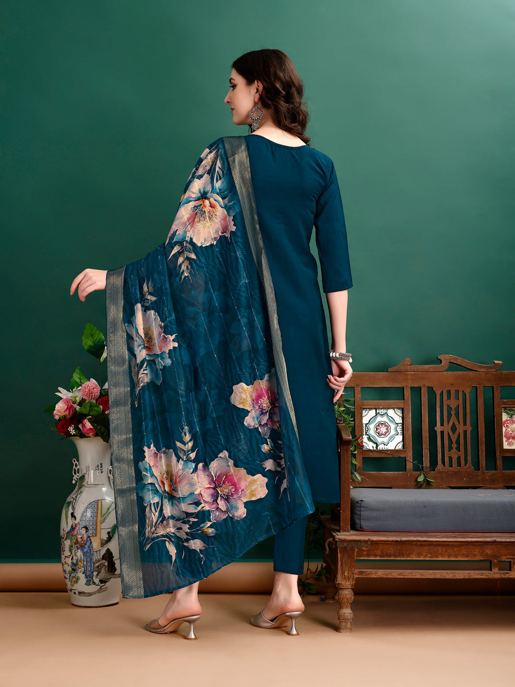 Hand Embroidered Kurta With Pant & Organza Printed Dupatta, Multicolor - Hiral Fashion | Grocsy