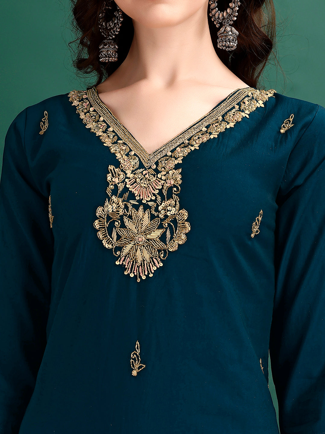 Hand Embroidered Kurta With Pant & Organza Printed Dupatta, Multicolor - Hiral Fashion | Grocsy