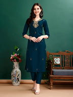 Hand Embroidered Kurta With Pant & Organza Printed Dupatta, Multicolor - Hiral Fashion | Grocsy