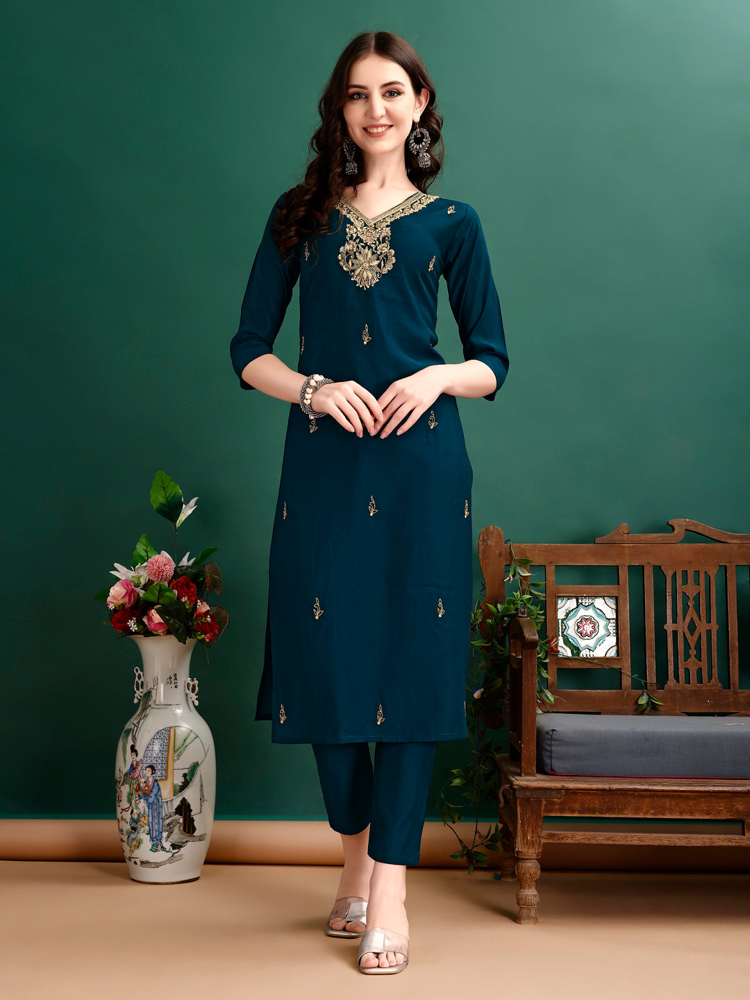 Hand Embroidered Kurta With Pant & Organza Printed Dupatta, Multicolor - Hiral Fashion | Grocsy
