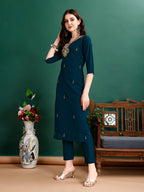 Hand Embroidered Kurta With Pant & Organza Printed Dupatta, Multicolor - Hiral Fashion | Grocsy
