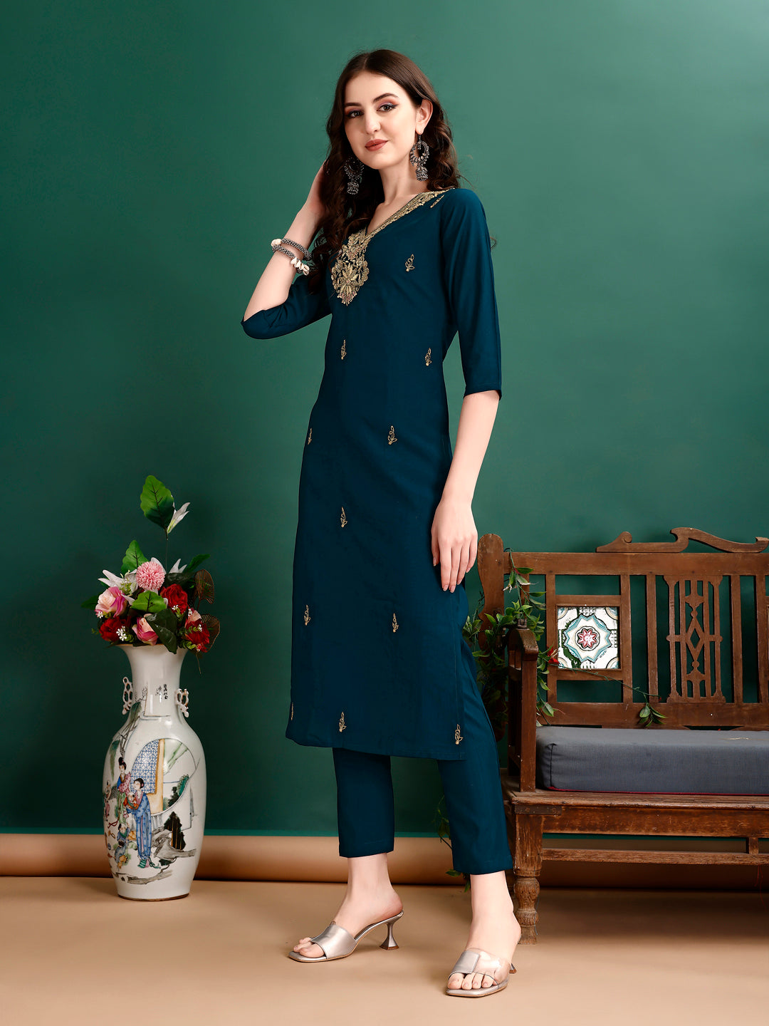 Hand Embroidered Kurta With Pant & Organza Printed Dupatta, Multicolor - Hiral Fashion | Grocsy