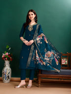 Hand Embroidered Kurta With Pant & Organza Printed Dupatta, Multicolor - Hiral Fashion | Grocsy