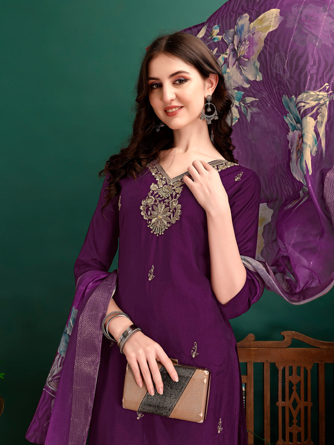Hand Embroidered Kurta With Pant & Organza Printed Dupatta Premium, Multicolor - Hiral Fashion | Grocsy