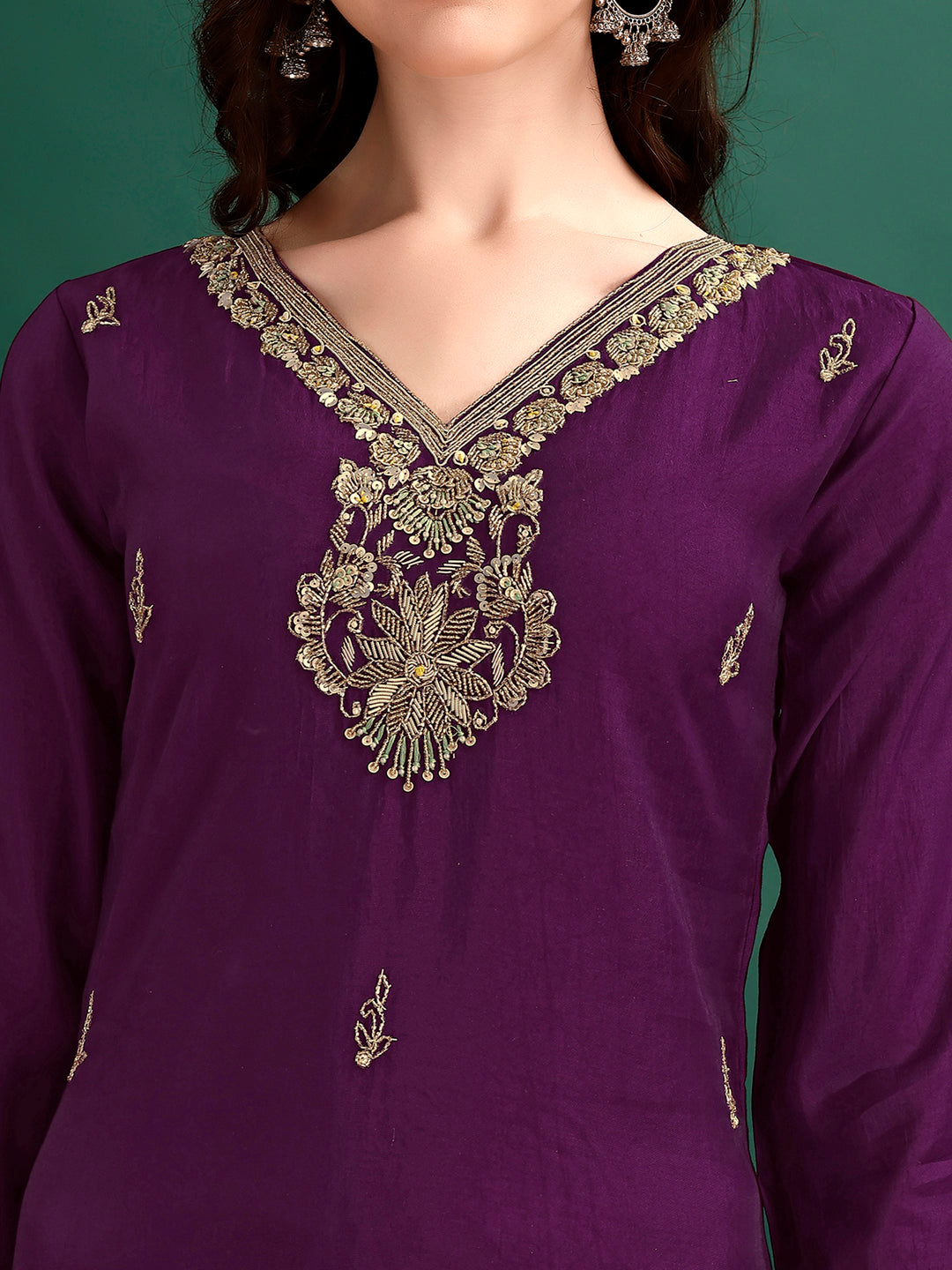 Hand Embroidered Kurta With Pant & Organza Printed Dupatta Premium, Multicolor - Hiral Fashion | Grocsy