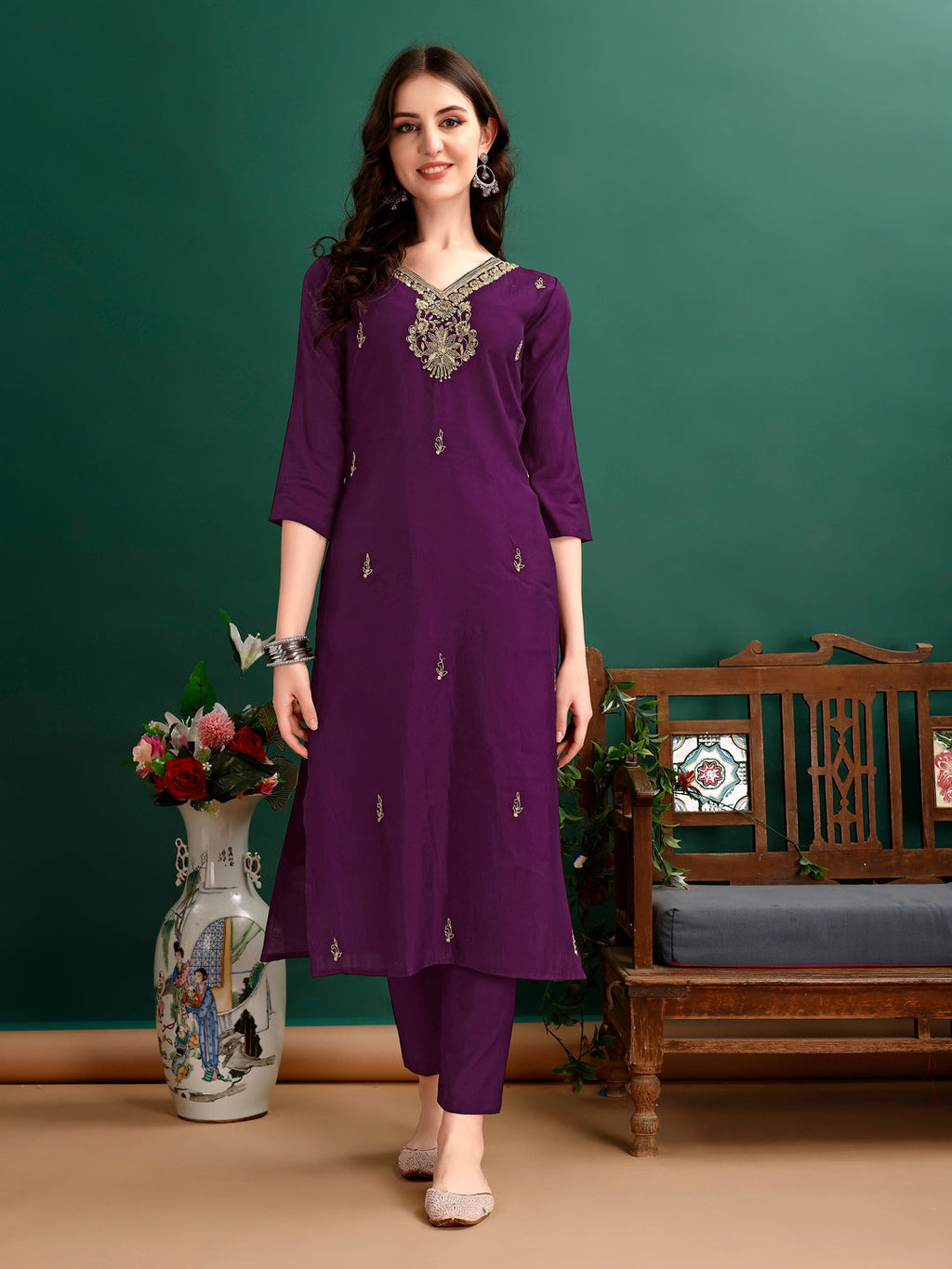 Hand Embroidered Kurta With Pant & Organza Printed Dupatta Premium, Multicolor - Hiral Fashion | Grocsy