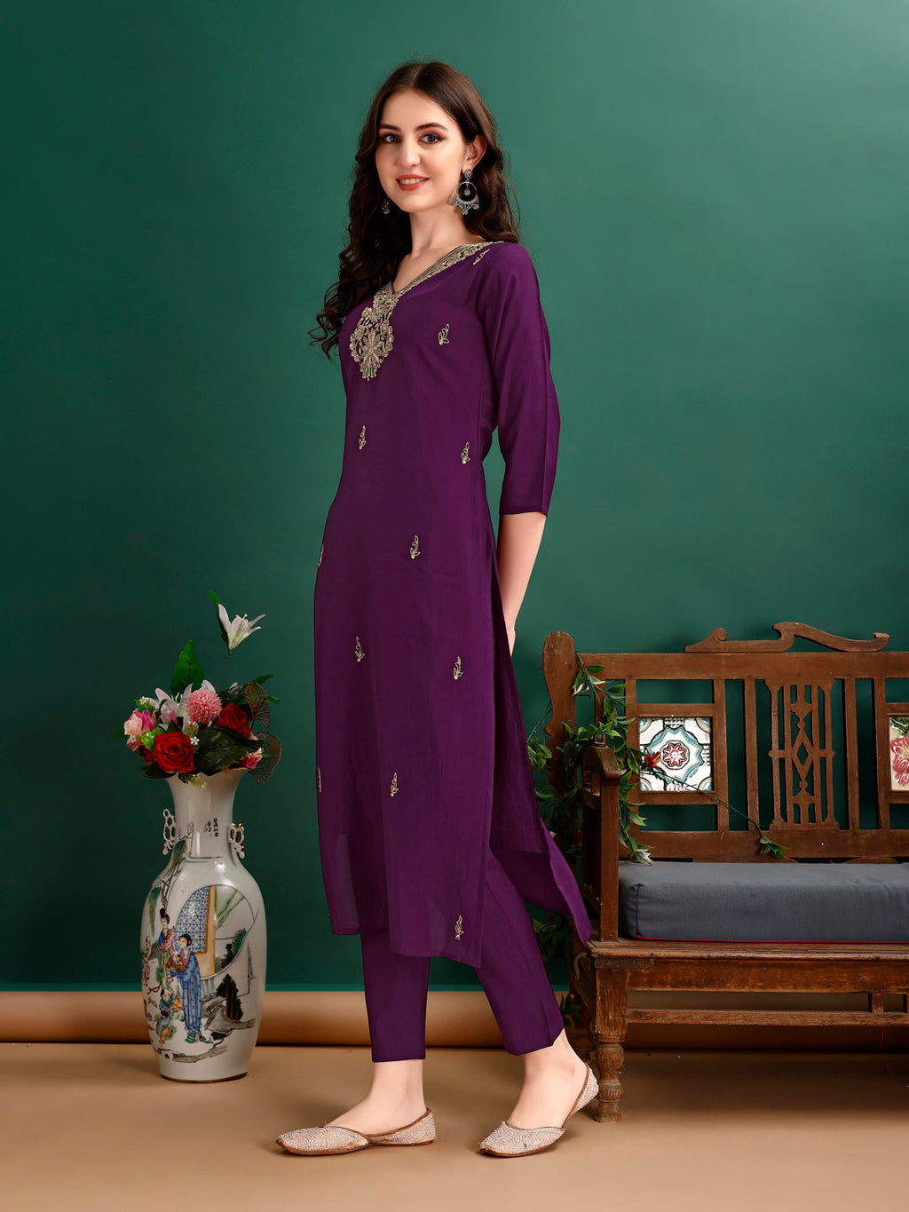 Hand Embroidered Kurta With Pant & Organza Printed Dupatta Premium, Multicolor - Hiral Fashion | Grocsy