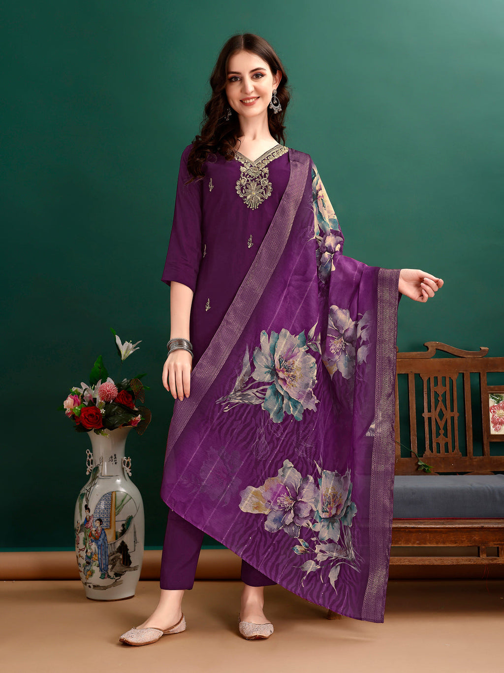 Hand Embroidered Kurta With Pant & Organza Printed Dupatta Premium, Multicolor - Hiral Fashion | Grocsy