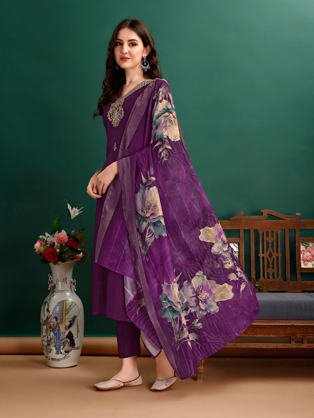 Hand Embroidered Kurta With Pant & Organza Printed Dupatta Premium, Multicolor - Hiral Fashion | Grocsy