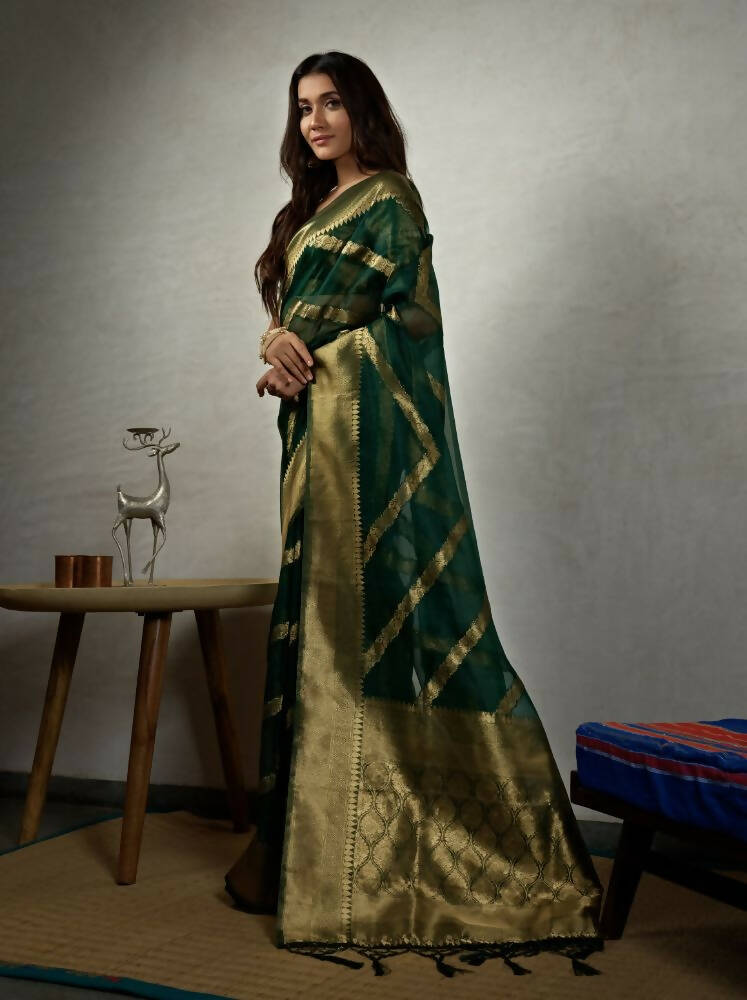 Glamorous Designer Stone Green Color Organza Silk Saree With Weaving Work - Yomika Fashions | Grocsy