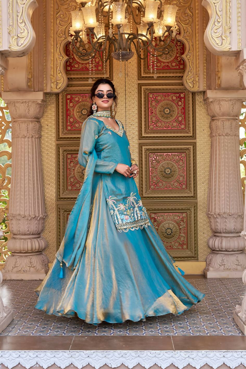 Teeya Creation Womens New Stylish Moti Beads With Cording Sequence Thread Embroidery Work Aqua-Blue Kurta Set | Grocsy