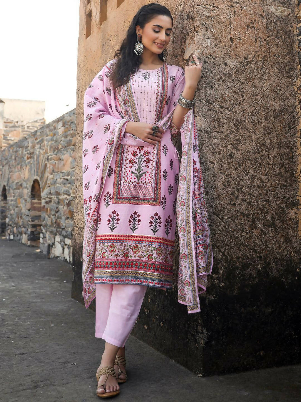 Juniper Women's Lilac Cambric Floral Placement Printed Straight Fit Kurta Sets | Grocsy