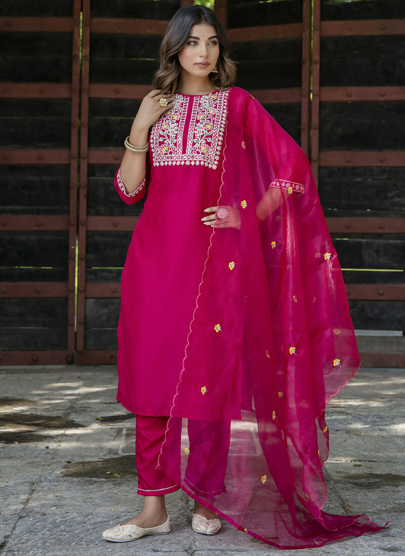 Vellora Rani Rose Silk Blend Embroidery Work Ready Salwar Set | Grocsy