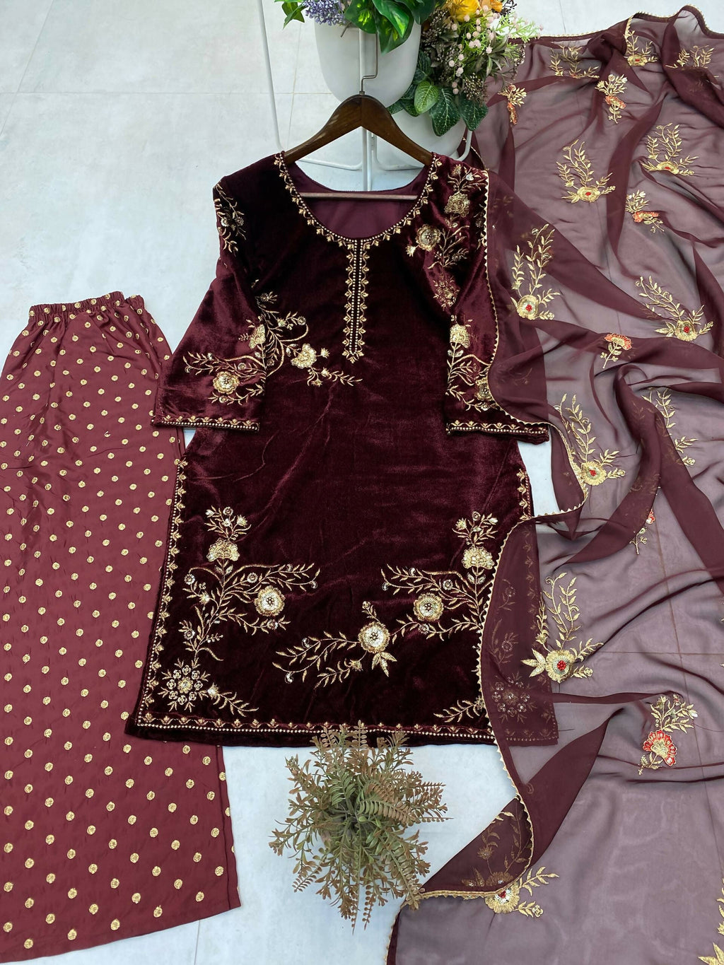 Vastranavya Wine Velvet Sequence Embroidery Work Kurta & Palazzo With Dupatta | Grocsy