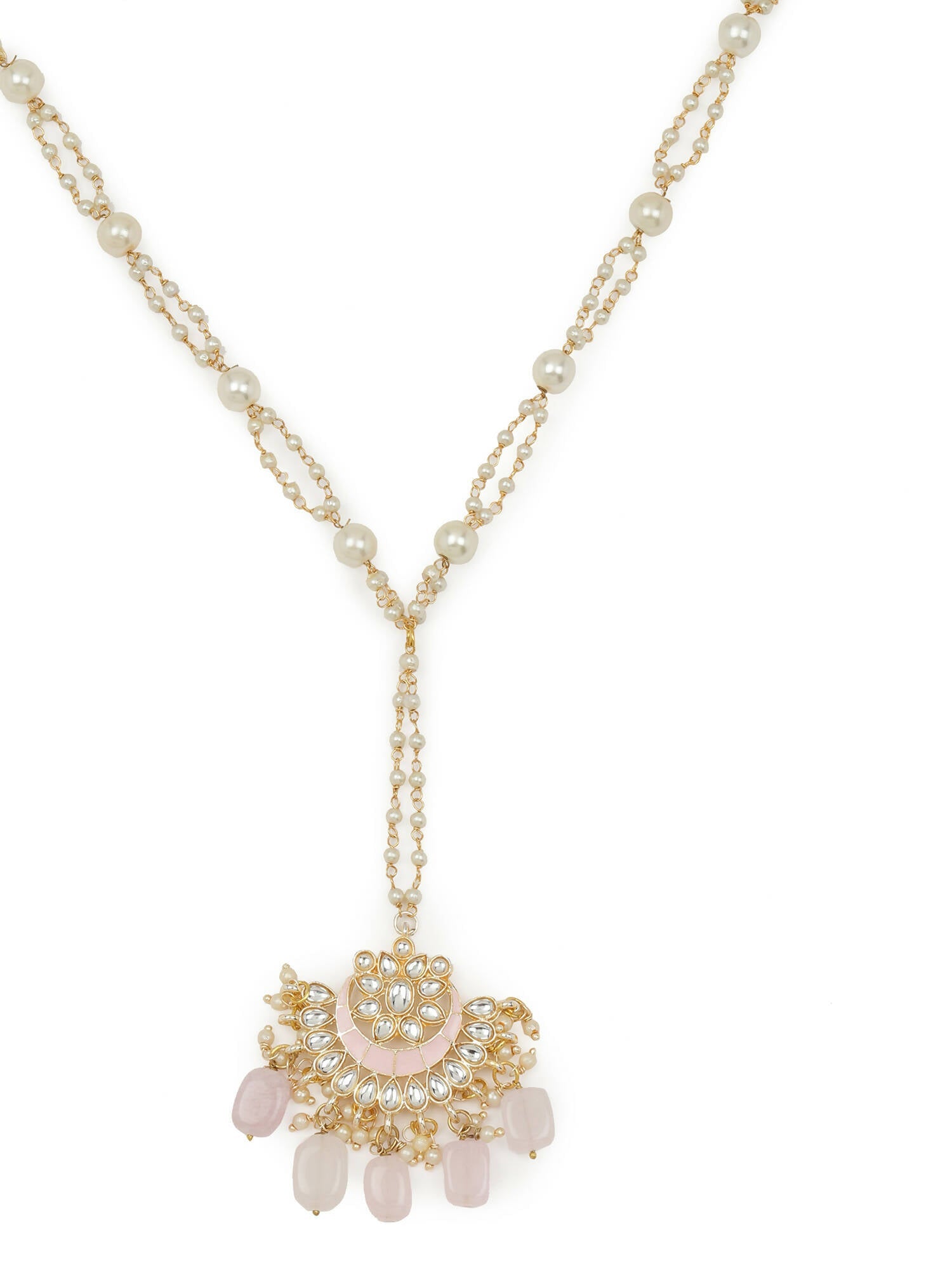 Gold-Polished White Kundan-Studded Pearl Beaded Matha Patti - Ruby Raang | Grocsy